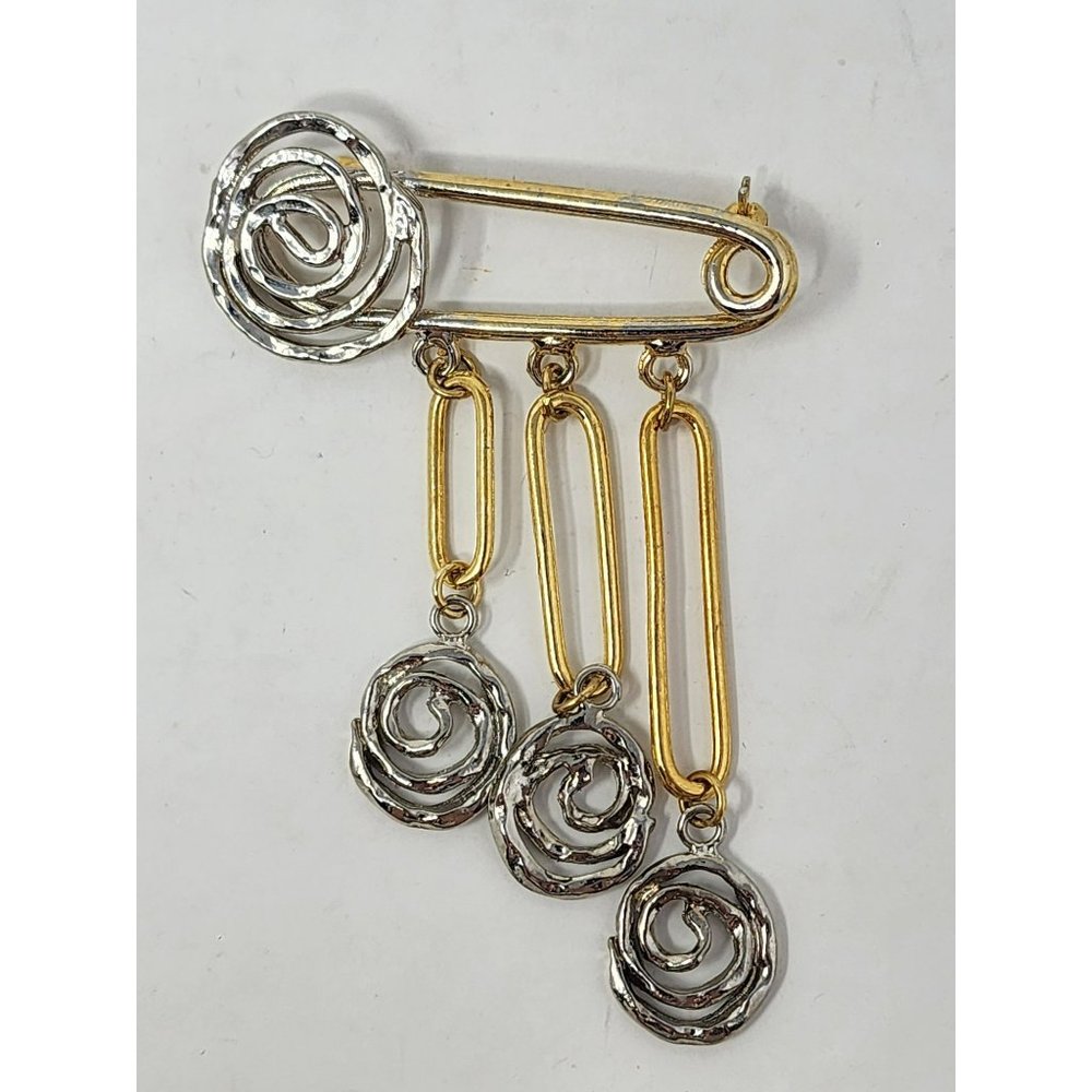 Vintage Safety Pin With‎ Drop Accents Gold & Silver Tones Color Brooch